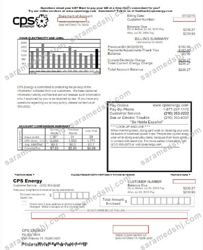 USA CPS ENERGY utility bill Word and PDF template